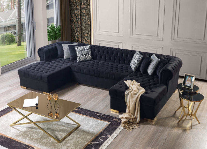 Double Chaise Sectional: Tuxedo Style, Black Velvet, Gold Metallic Legs.