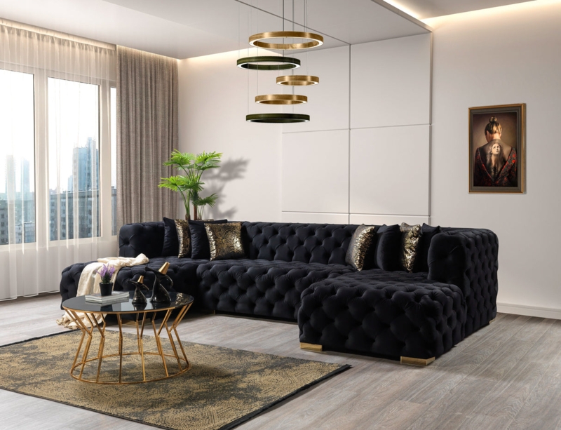 Double Chaise Sectional: U-Shaped, Black Velvet, Deep Button Tufting.