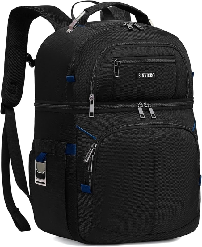Double Deck Cooler Backpack with Bottle Opener and Royal Blue Accents