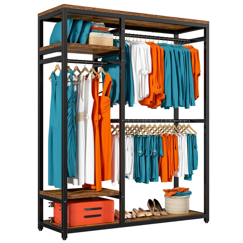 Double Rod Clothing Rack with Wood Shelves & Metal Frame