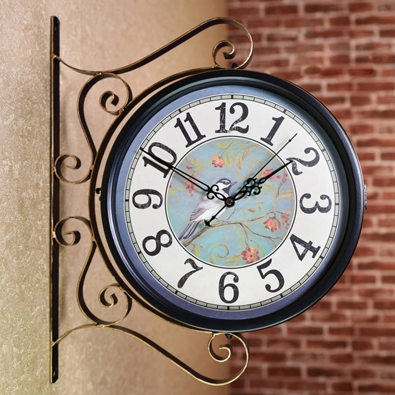 Double-Sided Station Clock with Bird Motif and Scrolled Bracket