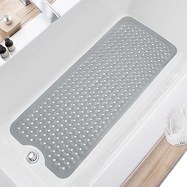 Drainage Hole Bath Mat, Extra Long Grey with Drain Cutout