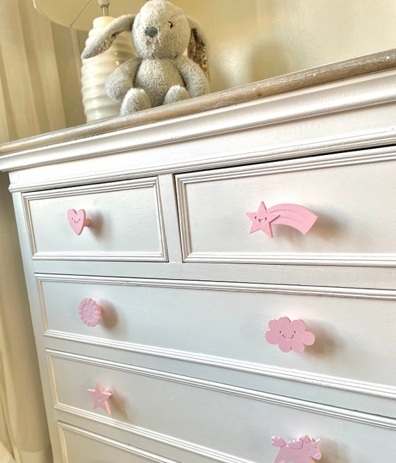 Drawer Knobs: Petal Pink Character Shapes Celestial Motifs Whimsical