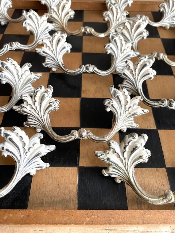Drawer Pull Distressed White Silver Acanthus Scrollwork