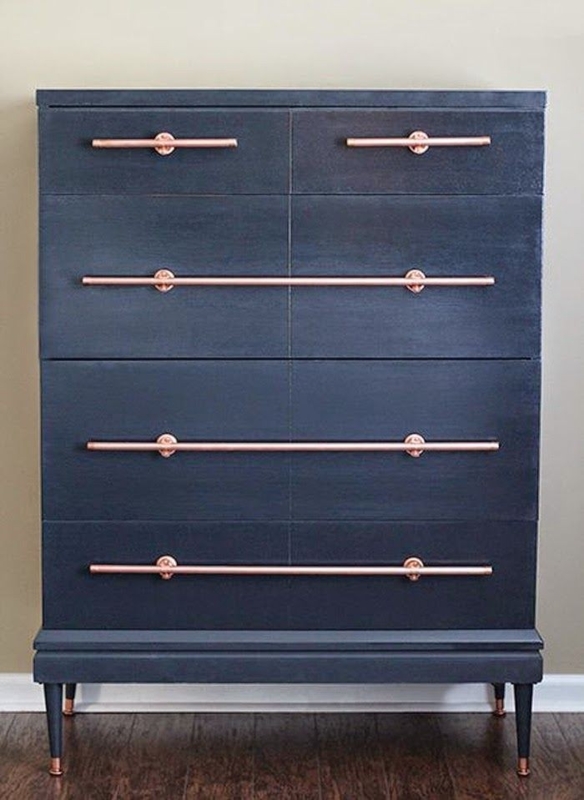 Dresser: Navy Blue Finish Copper Bar Pulls Tapered Legs Industrial Style