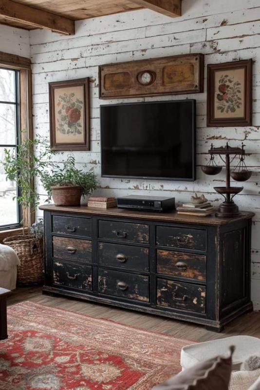 Dresser: Nine Drawers in Distressed Black Finish for Farmhouse Media
