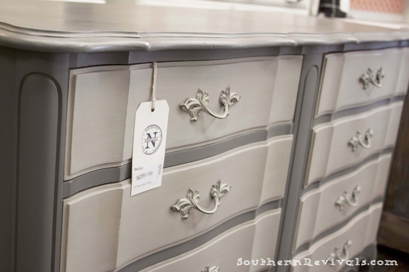 Dresser: Two Tone Gray Ornate Handles Scalloped Edges French Provincial