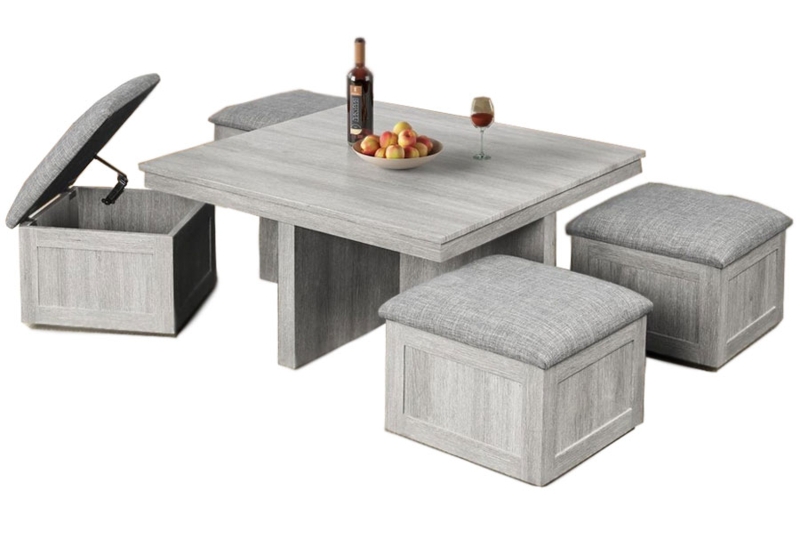 Driftwood Gray Coffee Table Set with Four Nested Storage Ottomans