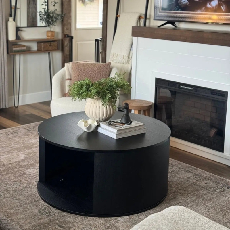 Drum Coffee Table Open Storage Niche Modern Farmhouse Matte Black Wood