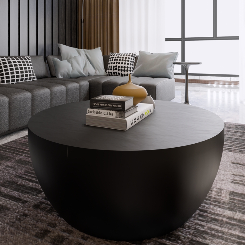 Drum Coffee Table Solid Base Sculptural Silhouette Matte Black Minimalist