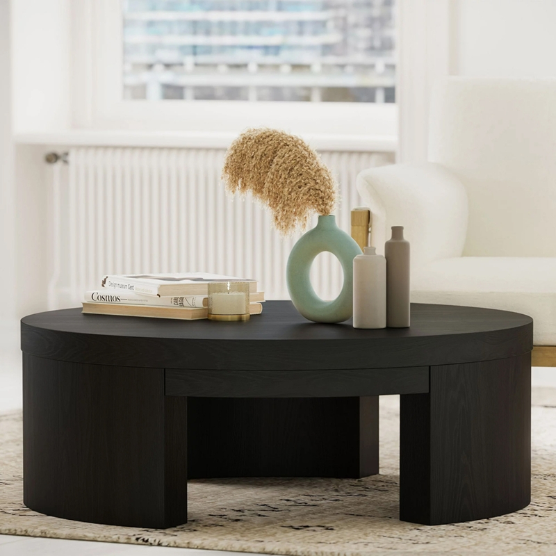 Drum Coffee Table with Arched Base Cutouts and Minimalist Textured Grain