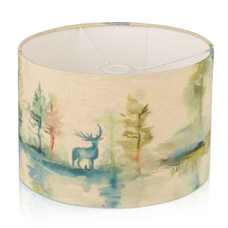 Drum Lampshade Watercolor Nature Print Deer Motif Rustic Lodge