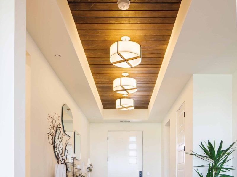 Drum Pendant Wood Plank Entryway Ceiling Walnut Brown Cove Lighting