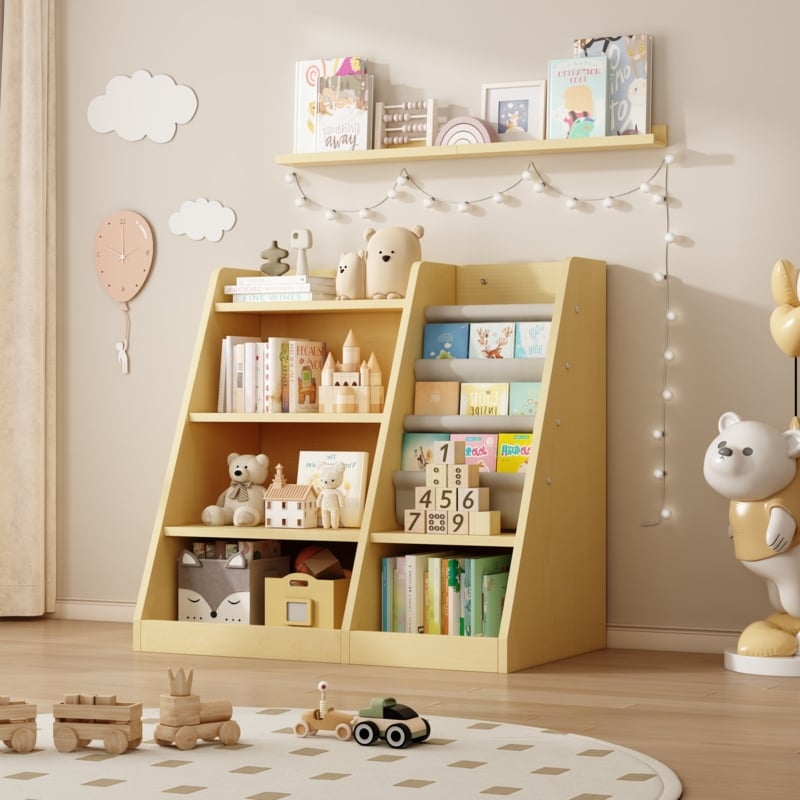 Dual Sided Nursery Shelf with Fabric Slings and Wood Shelving