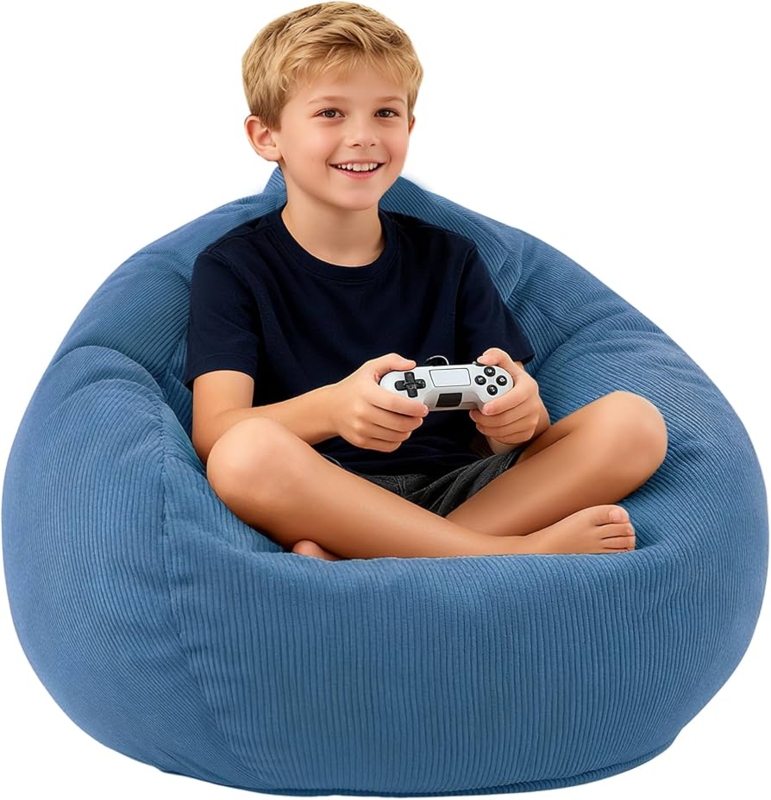 Dusty Blue Corduroy Bean Bag, Teardrop Shape for Kids Reading Nook