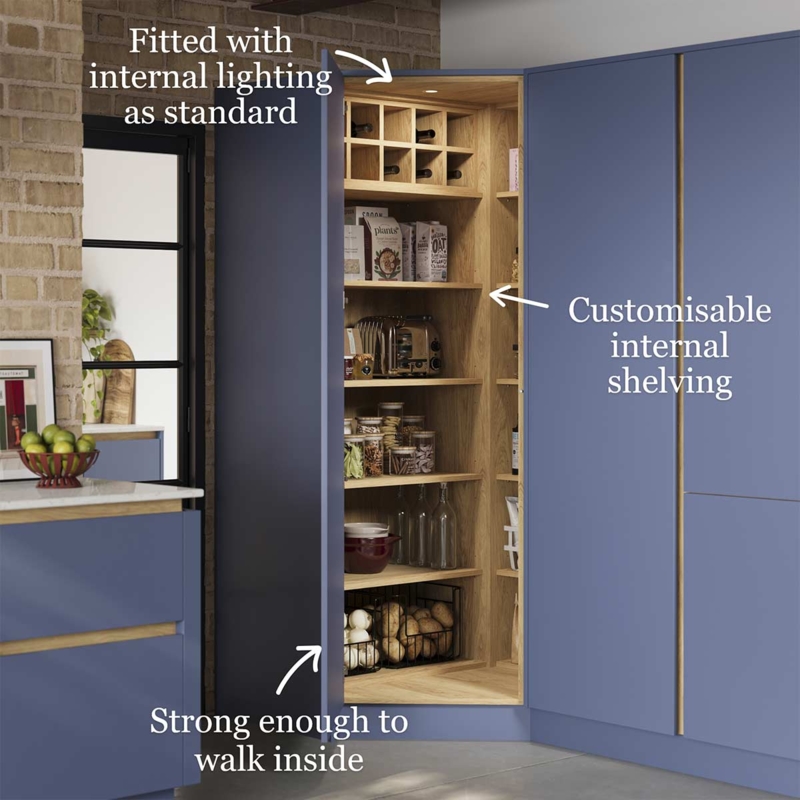 Dusty Blue Walk-In Corner Pantry with Wire Storage Baskets