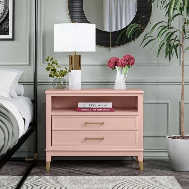 Dusty Pink Nightstand Glam Side Table Gold Leg Caps Open Cubby