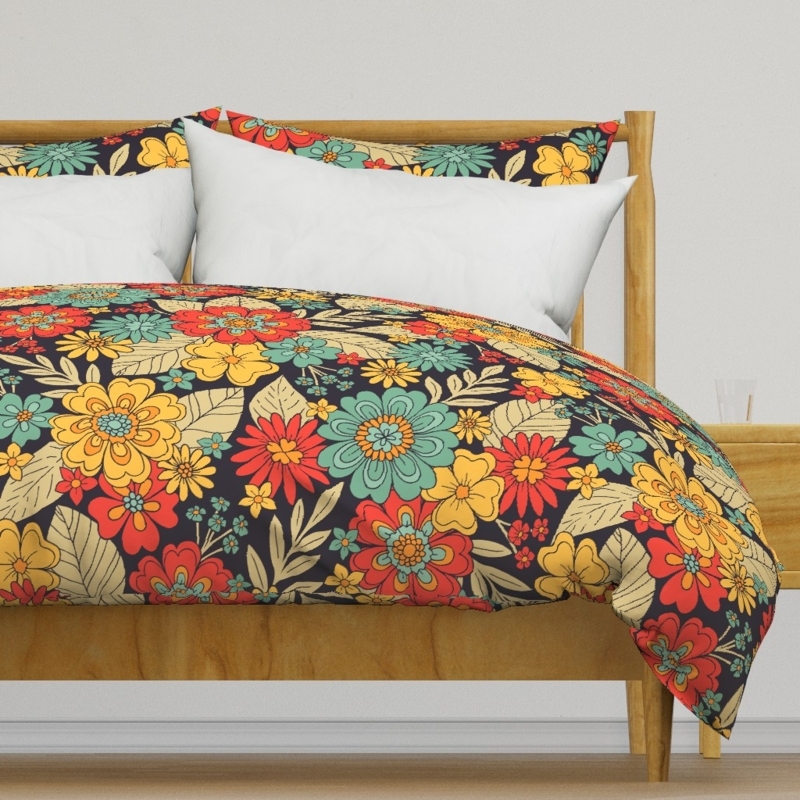 Duvet Cover Large Scale Floral Saturated Color Palette 70s Retro Vibe