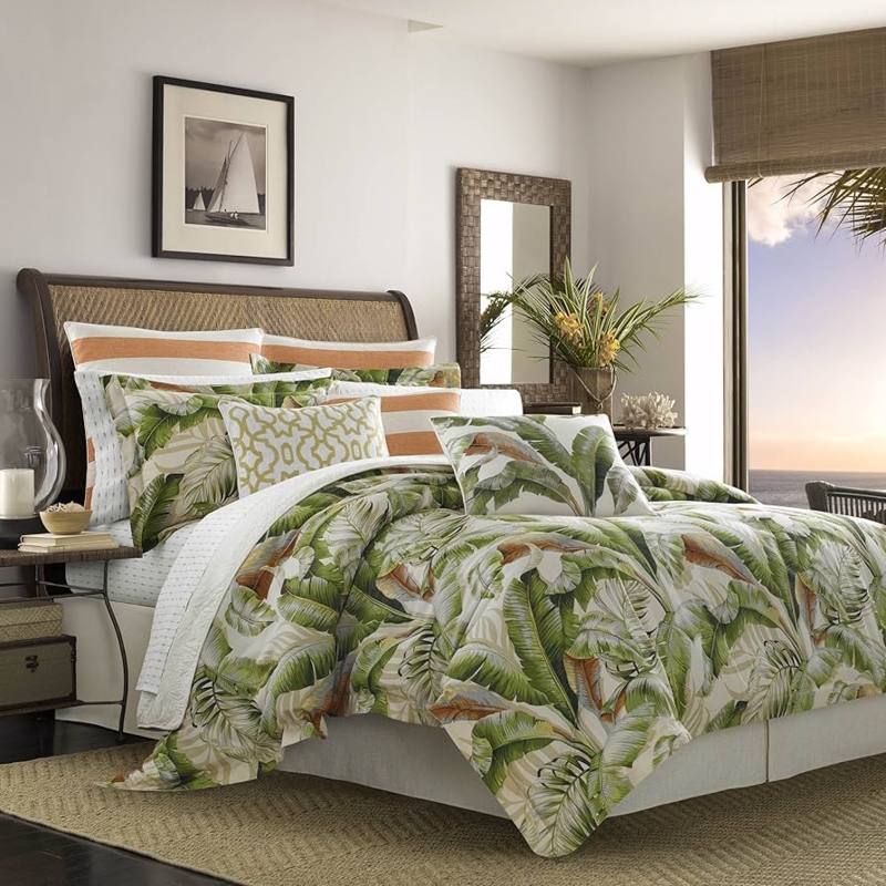 Duvet Cover Set Banana Leaf Pattern, Striped Pillows, Island Style