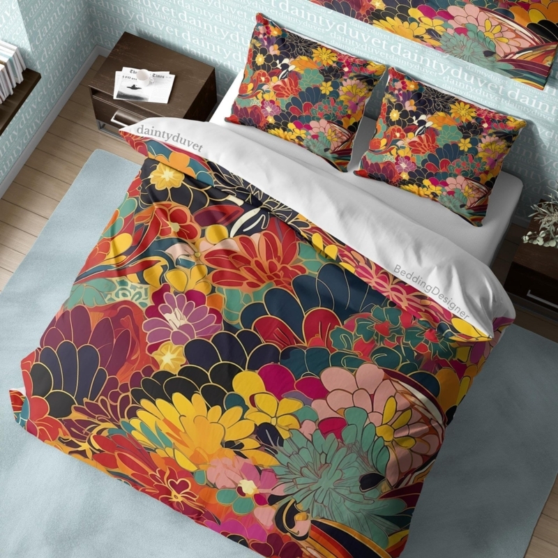 Duvet Cover Set Black Outlines Stylized Botanicals, Colorful Flower Duvet