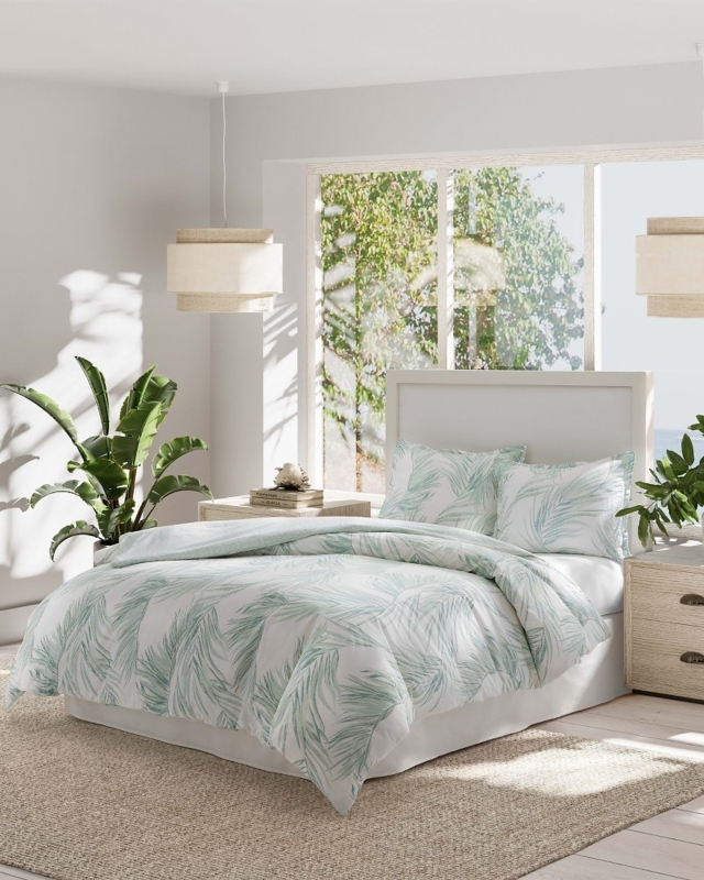 Duvet Cover Set Botanical Palm Print, Tiered Woven Pendants, Coastal