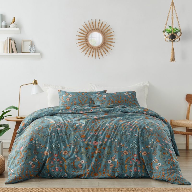 Duvet Cover Set Wildflower Botanical Print Dusty Blue Bedding