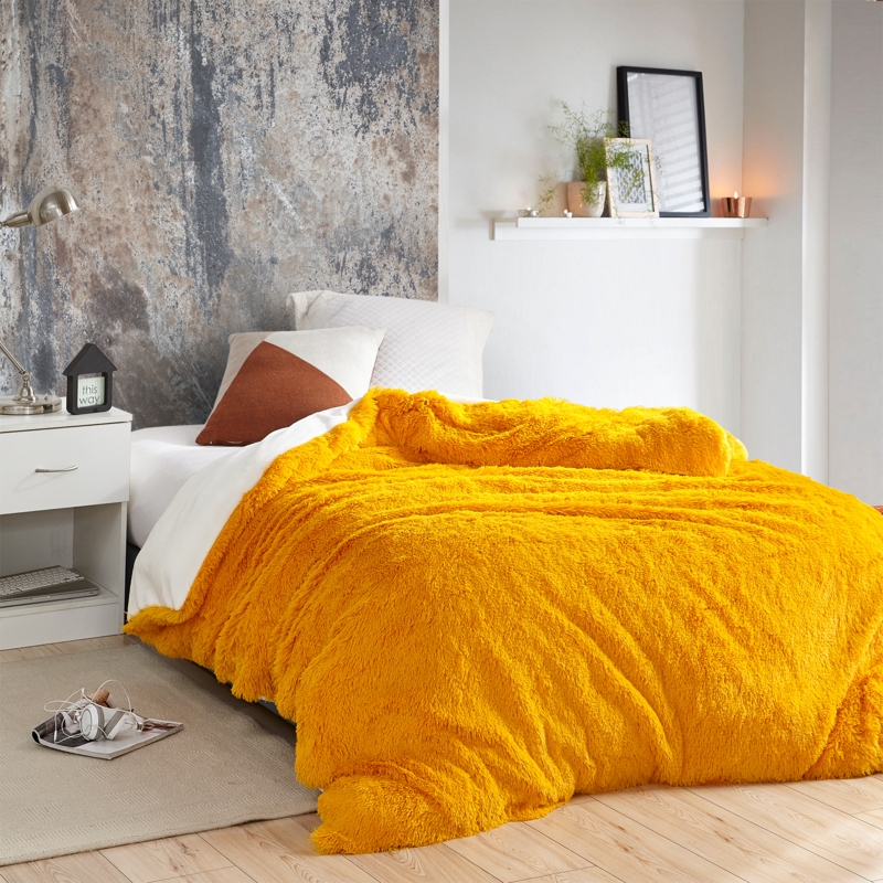 Duvet Cover Shaggy Faux Fur Citrus Yellow Oversized Fit Plush Texture