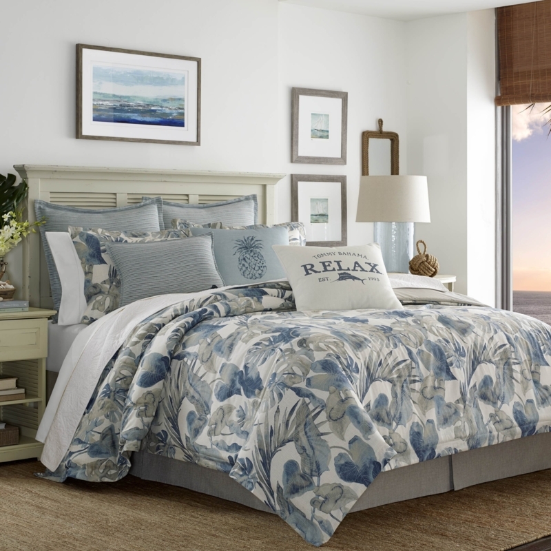 Duvet Set Palm Leaf Print, Louvered Headboard, Blue Palm Leaf Duvet Set