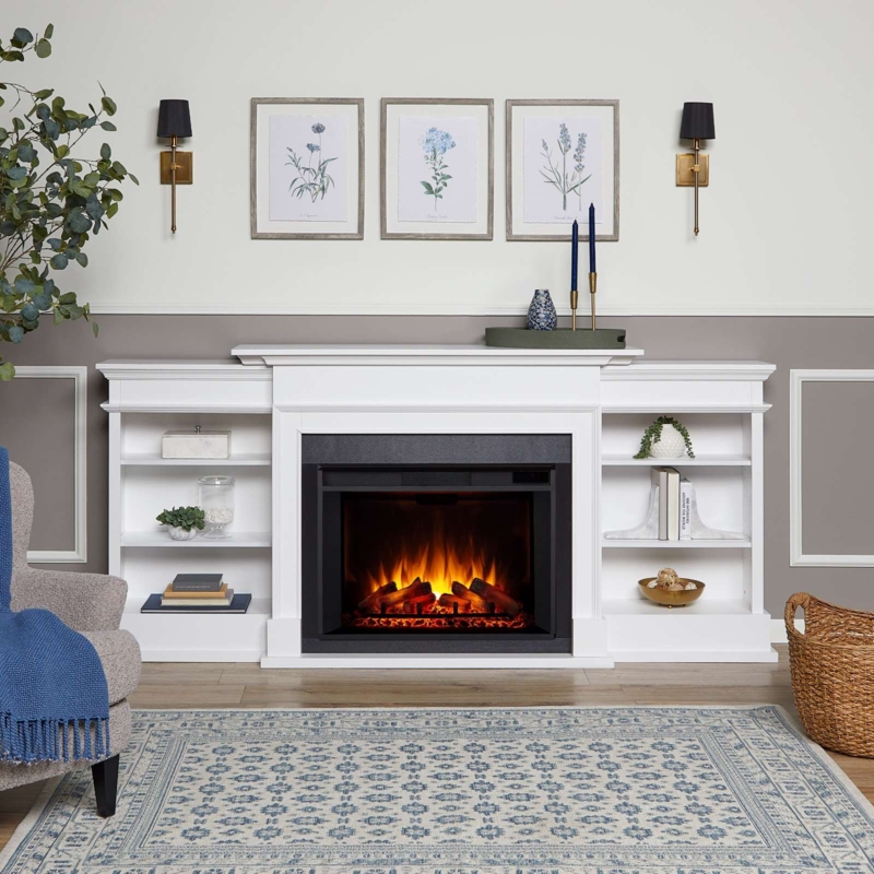 Electric Fireplace Console White Integrated Bookcases Wide Mantel