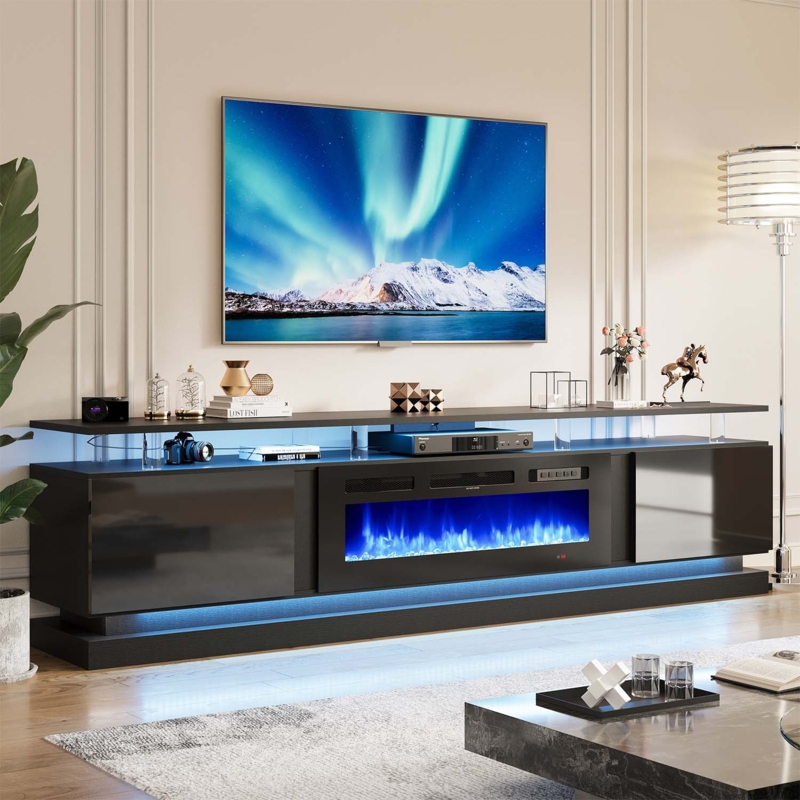 Electric Fireplace Tv Stand Blue LED Lighting Floating Shelf