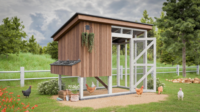 Elevated Chicken Coop with Walk-In Run and Vertical Wood Siding Design