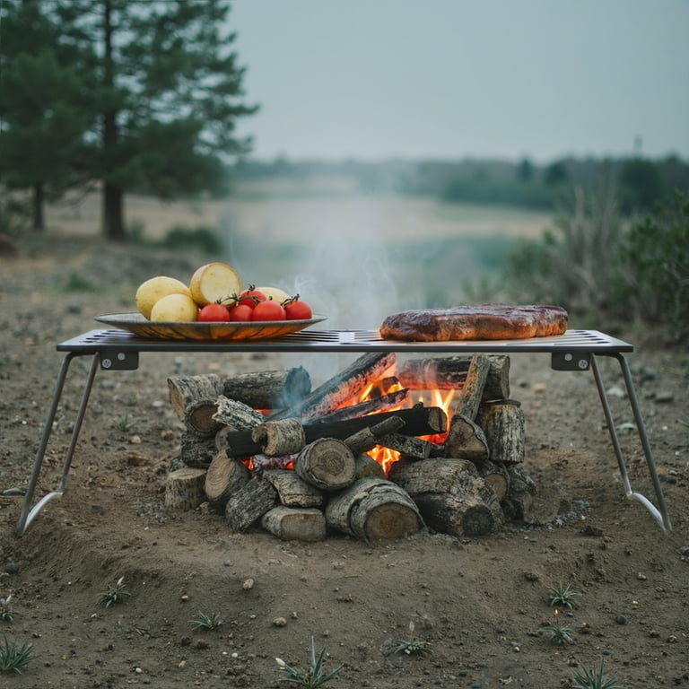 Elevated Fire Pit Rack Charcoal Grey Metal with Folding Legs