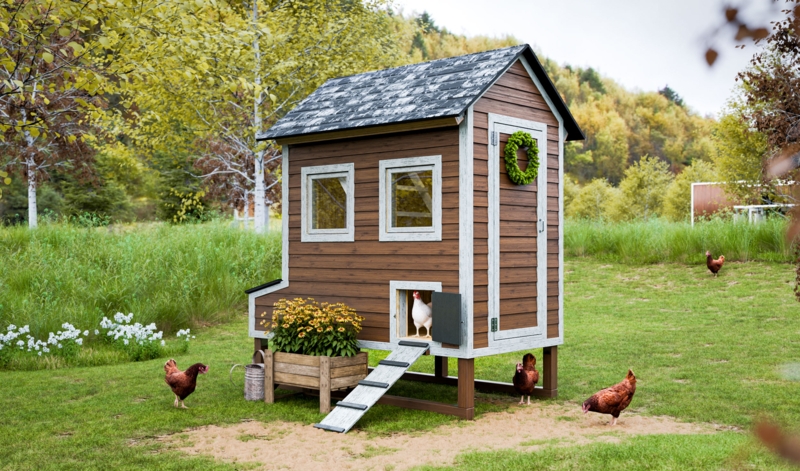 Elevated Walk-In Coop featuring Integrated Planter Box and Walnut Finish