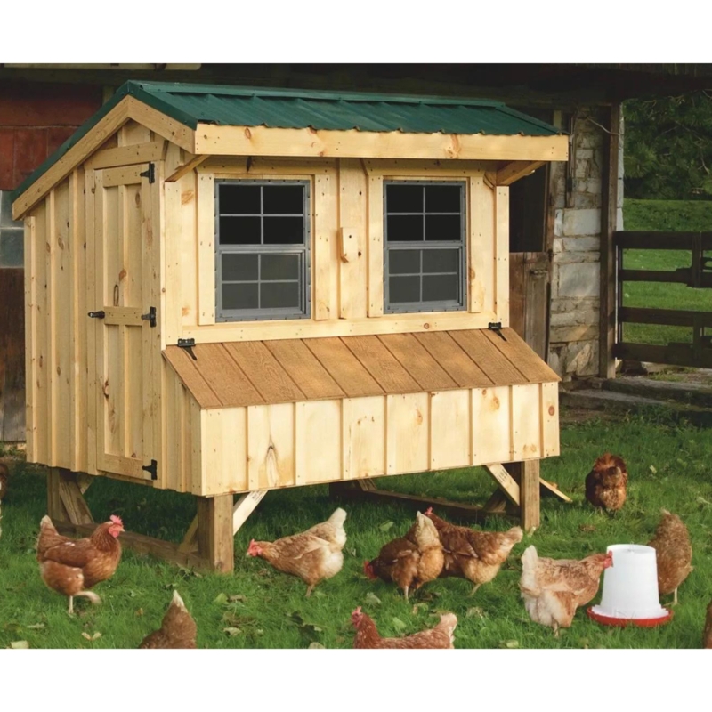 Elevated Wooden Chicken Coop Craftsman Style with Green Metal Roof