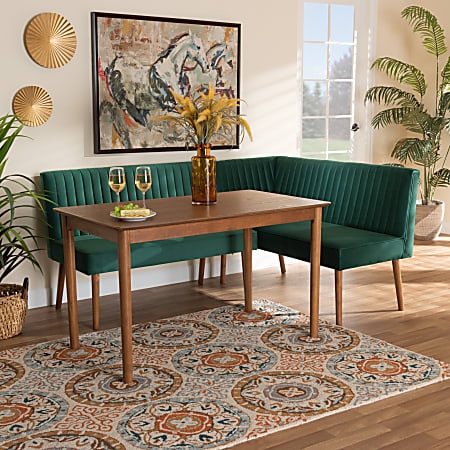 Emerald Green Dining Nook Velvet Channel Tufted Walnut Legs