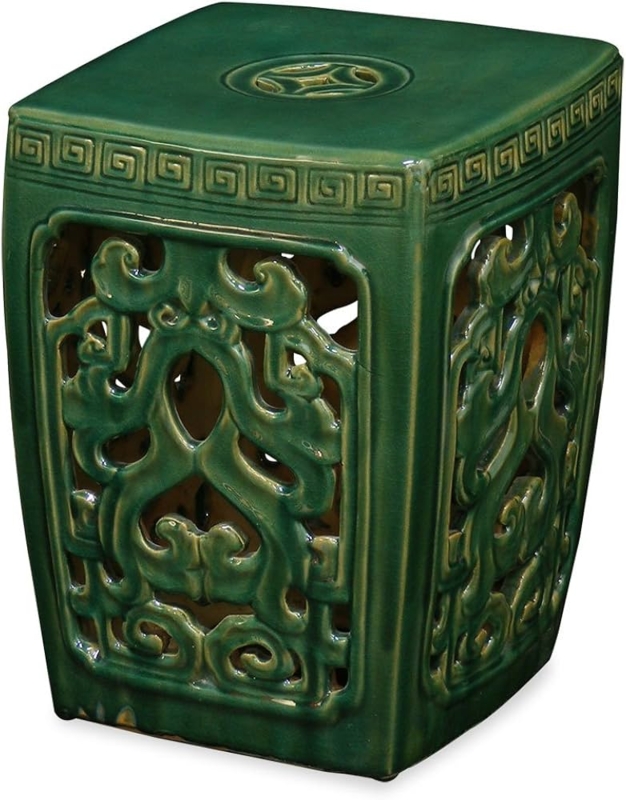 Emerald Green Garden Stool with Pierced Cloud Motif