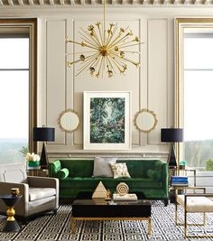 Emerald Velvet Sofa Living Room Set Sunburst Pendant Lattice Rug