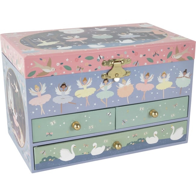 Enchanted Ballerina Jewelry Box with Three Drawers and Swan Motifs