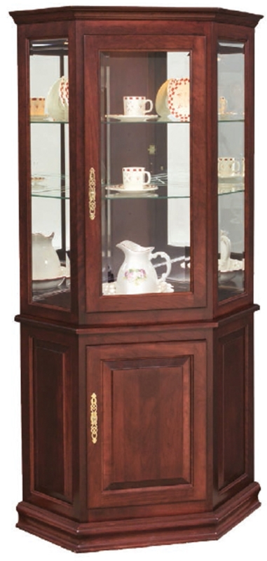 Enclosed Base Corner Curio Cabinet with Ornate Gold Hardware