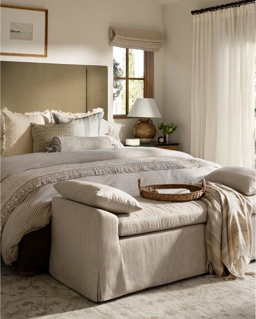 End of Bed Bench: Warm Beige Pinstripe Pattern with Tailored Skirt
