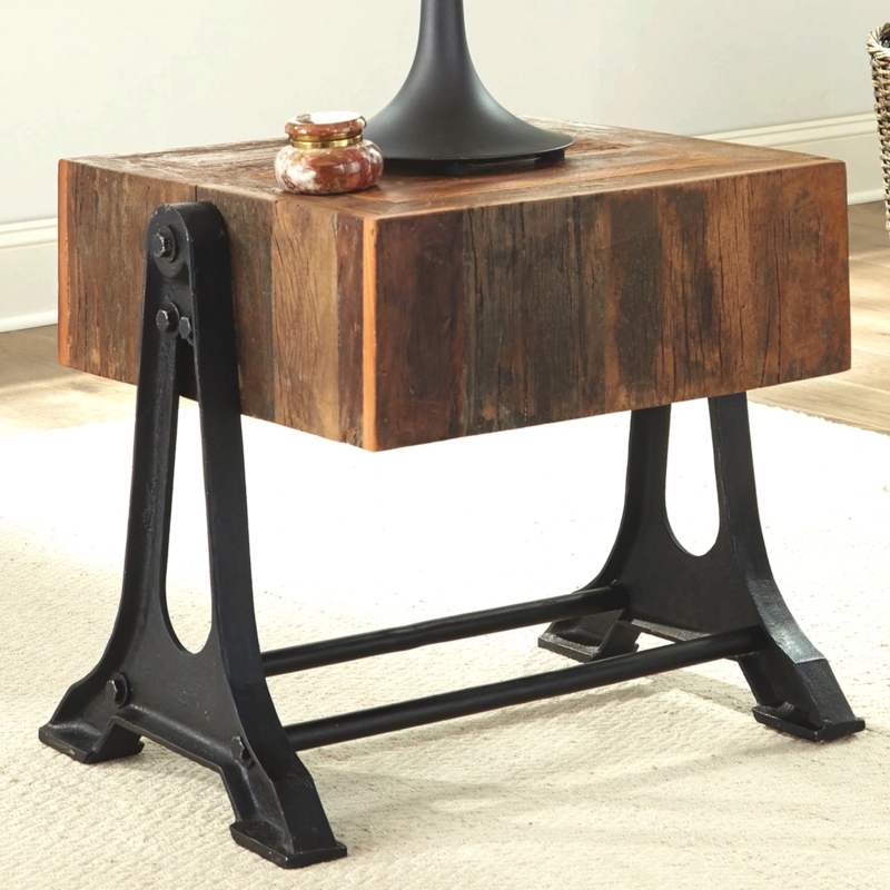 End Table A Frame Legs Thick Block Top Cast Iron Base Wood