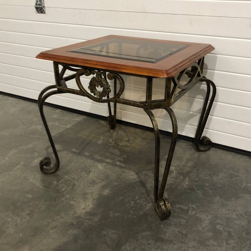 End Table Beveled Glass Insert Wrought Iron Ornate Scroll Legs