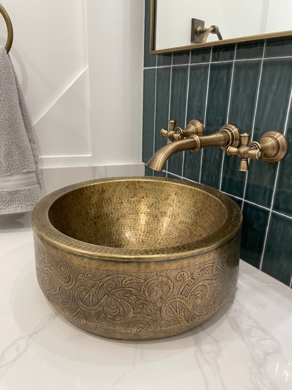 Engraved Bronze Vessel Sink with Hammered Interior and Scrollwork