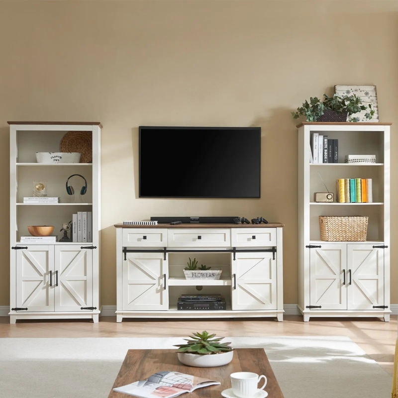 Entertainment Center: 3-Piece Set, Sliding Barn Doors, White & Wood Tone.