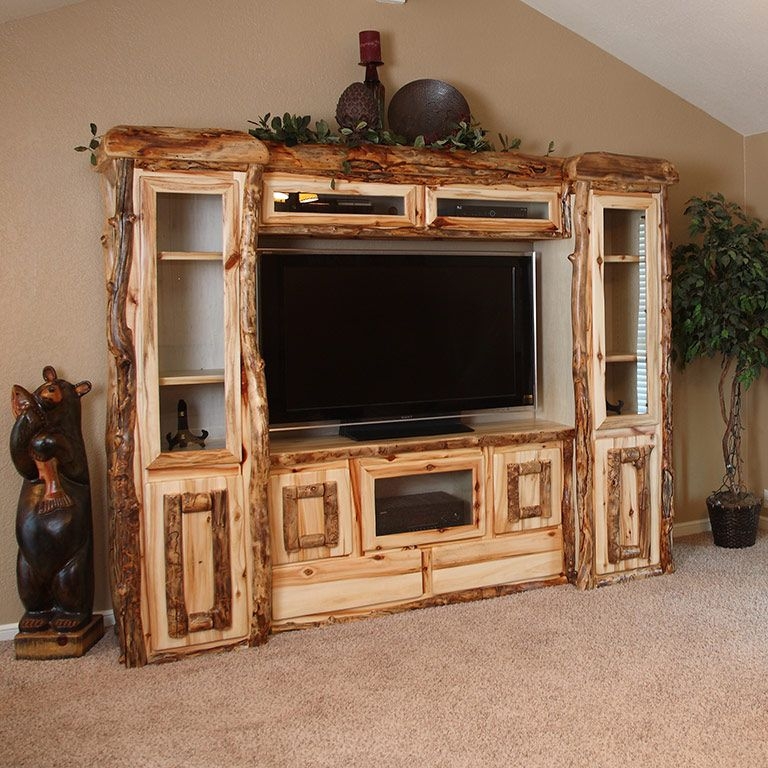 Entertainment Center in Aspen Wood with Bark-On Accents, Log Posts