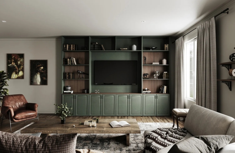 Entertainment Center in Sage Green Cabinetry with Wood-Toned Accents