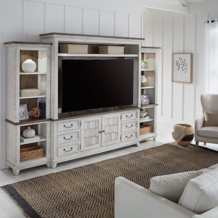 Entertainment Center: Shutter Cabinet Doors and Bridge Shelf in Distressed Cream