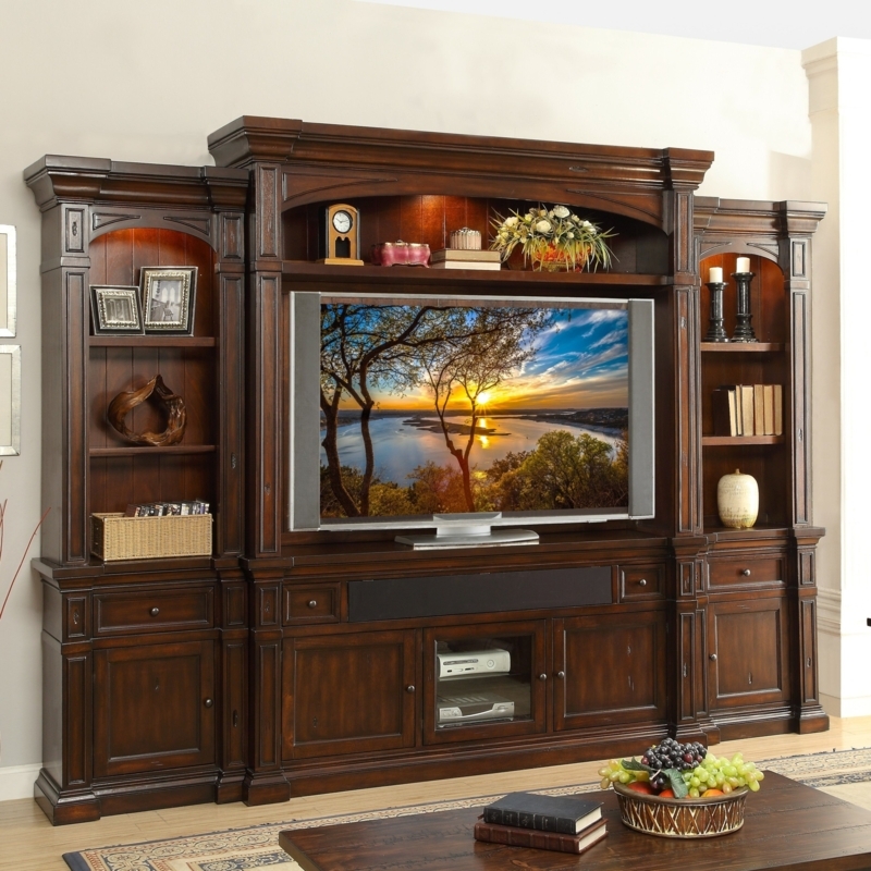 Entertainment Center with Arched Bridge and Built-in Lighting