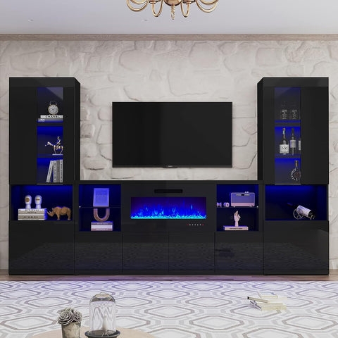 Entertainment Center with Blue LED Accents and Glossy Black Finish