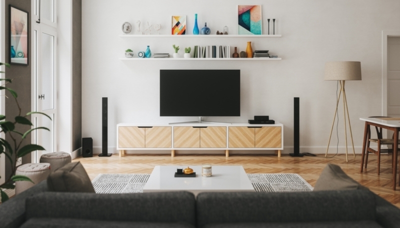 Entertainment Center with Chevron Pattern Doors and Floating Shelves